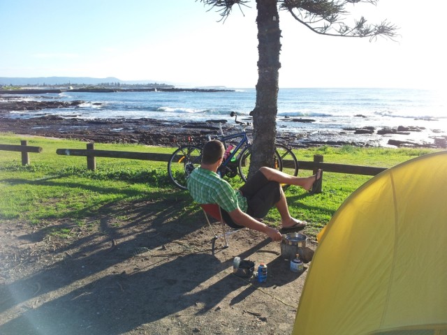 Relaxing by the tent in Shellharbour.