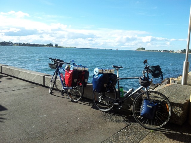 Bikes waiting to board the ferry while we had a beer.