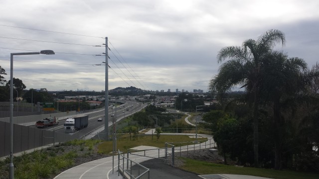 Cycle path next to the motorway with our first view of the Gold Coast